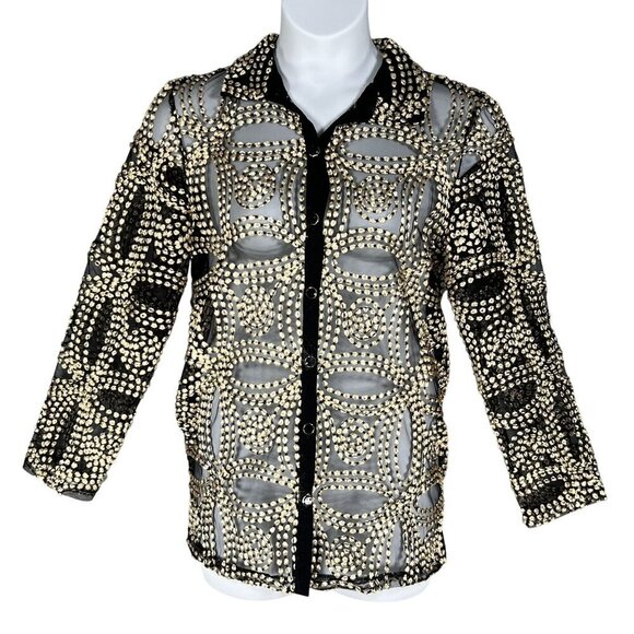 Chicos Travelers Collection 2/ L Black Sheer Gold Needle Stitch Button Up Jacket - Picture 1 of 16